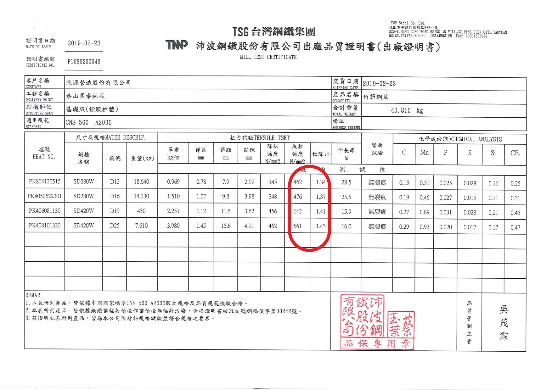 鋼筋拉力證明出場品質保證書